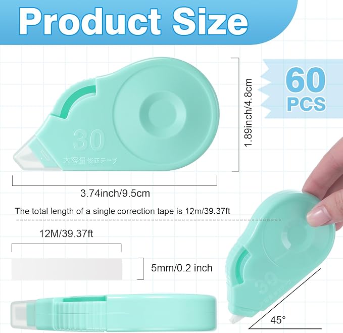 60 Pcs Colorful Correction Tape 39.4 ft White Wrong out Tear Resistant Bulk - Image 2