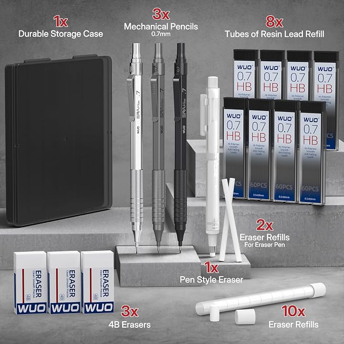 WUO 0.7mm Mechanical Pencil Set, 3 Metal Drafting Pencils - Image 7