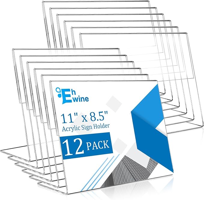 EHWINE Acrylic Sign Holder 8.5 x 11 Horizontal, 12 Pack Clear Plastic Tabletop by EHWINE