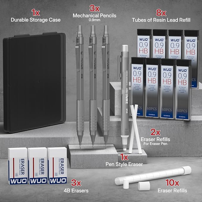 WUO 0.9mm Mechanical Pencil Set, 3 Grey Metal Drafting Pencils - Image 7