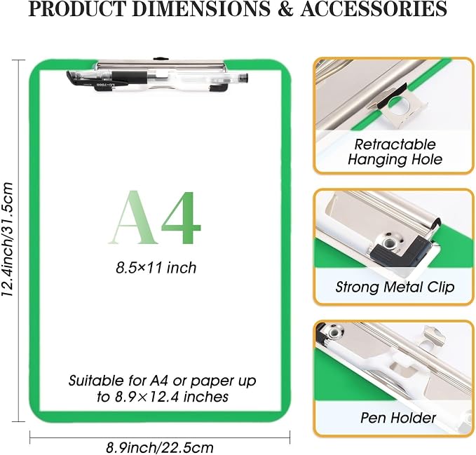 Green Clipboard with Pen Holder, Plastic Clipboard Standard Letter A4 Size - Image 3