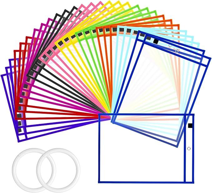 50 Packs Dry Erase Pocket Sleeves, Reusable Clear Plastic Classroom Sleeves by EEHZTSIOFFICE
