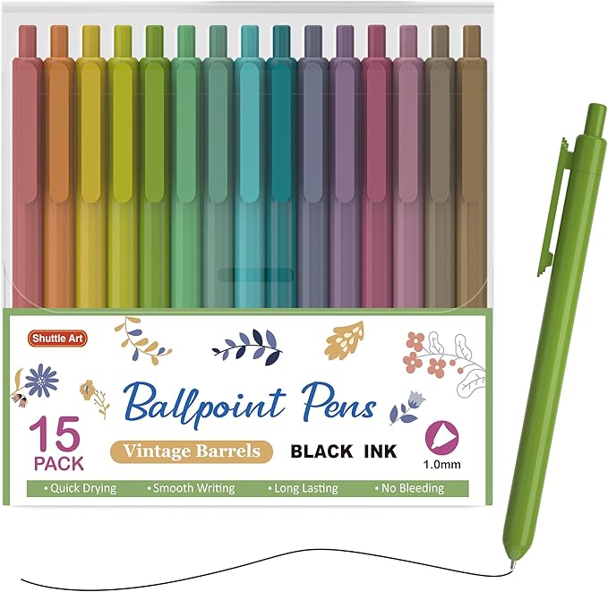 Shuttle Art Ballpoint Pens, 15 Pack Vintage Retractable Black Ink Ball Point by ShuttleArt