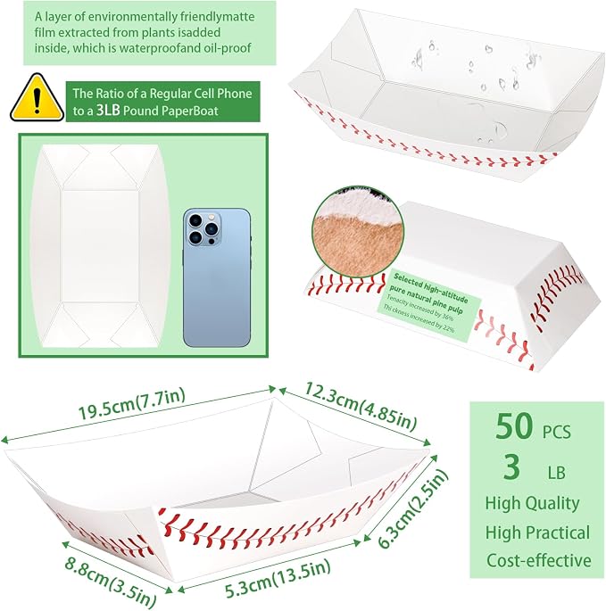 50 Pack 3Lb Paper Food Boat Trays, Baseball Birthday Decorations Baseball Party - Image 2