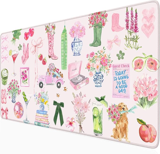 Pink Pastel Floral Desk Mat Cute Kawaii Retro Vintage XXL Large Mouse Pad by Nasdalgias