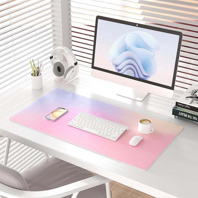 Colorful Star Large Mouse Pad Pink, Girly Desk Mat Aesthetic PU Leather Laptop - Image 2