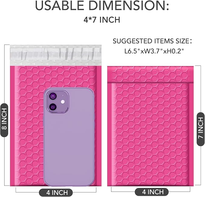 GSSUSA Pink Bubble Mailers 4x8 Small Padded Envelopes, 800 Pack, Strong - Image 2