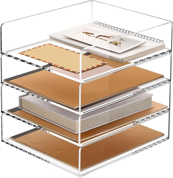 SANRUI 4 Tier Stackable Acrylic Letter Tray, 5mm Thick Clear Desk File Organizer by SANRUI
