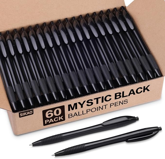 Black Pens Bulk, 60 Pack Gripped Slimster Ballpoint Pens | Black Ink 1.0mm by Sikao