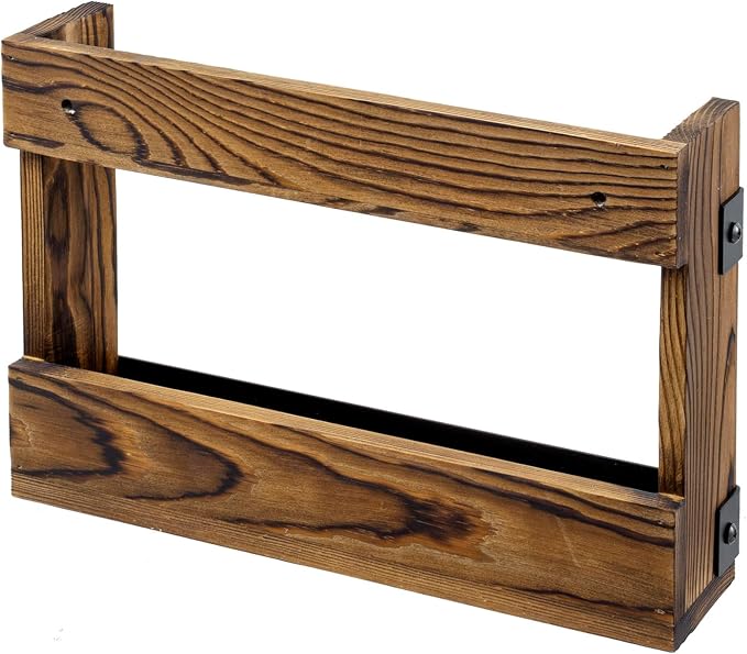 MyGift Set of 2 Rustic Burnt Wood and Matte Black Metal Wall-Mount Magazine - Image 7