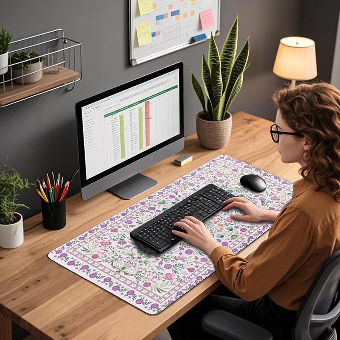 Purple Floral Desk Mat, 31.5"x15.7" Large Mouse Pad, Anti-Slip Rubber Base - Image 5