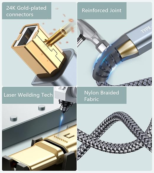 Printer Cable 2-in-1 USB-A/C to USB-B Cord 6.6FT, Type C MIDI Cable Braided - Image 5