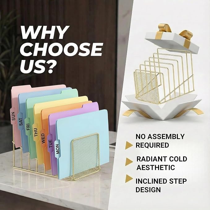 Gold Desk Organizer 7 Slot Inclined Vertical File Folder Holder Sorter - Image 4
