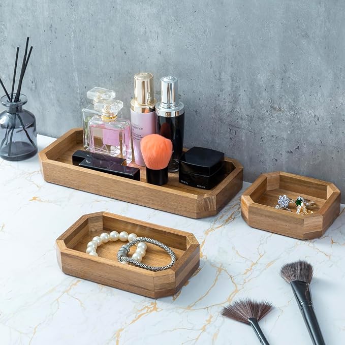 MyGift Premium Solid Acacia Wood Octagonal Desk Organizer Trays Office - Image 6