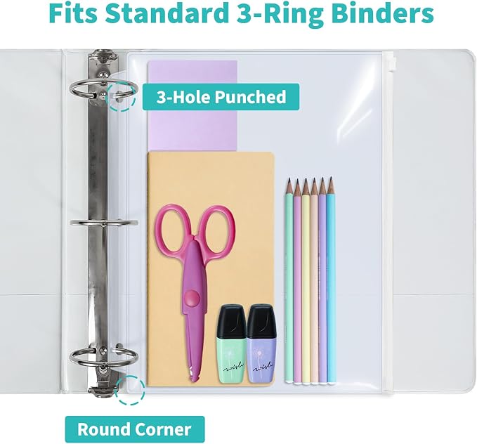 Binditek 10 Pack Plastic Zippered Binder Pockets, 3-Hole Punched - Image 7