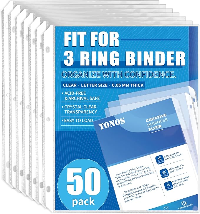 50 Pack Sheet Protectors for 3 Ring Binder by TONOS