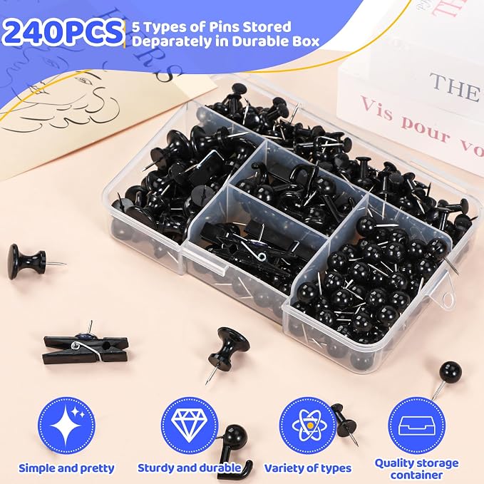 240Pcs Black Push Pins, 5 Style Thumb Tacks, Cork Board, Cork Board Accessories - Image 3