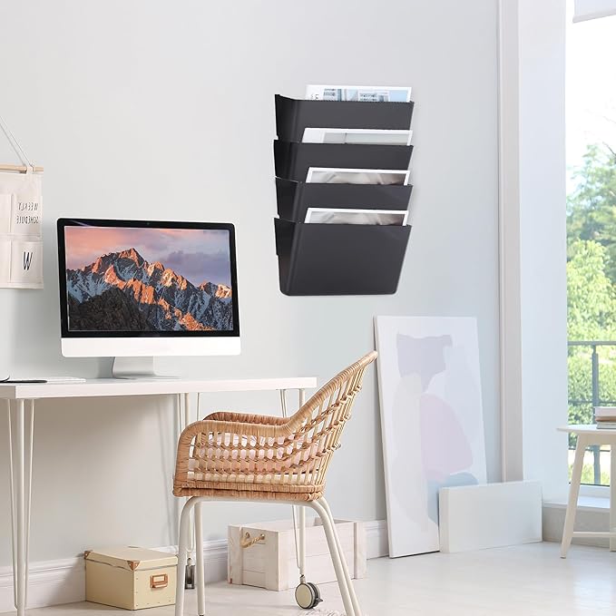 EASEPRES 4 Pack Black Single Pocket Hanging File Organizer, Plastic Wall Mount - Image 5