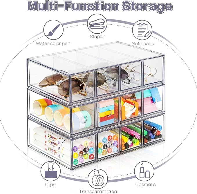Desk Organizer with 12 Drawers, FODIENS 3 Packs Stackable Desktop Storage Box - Image 5