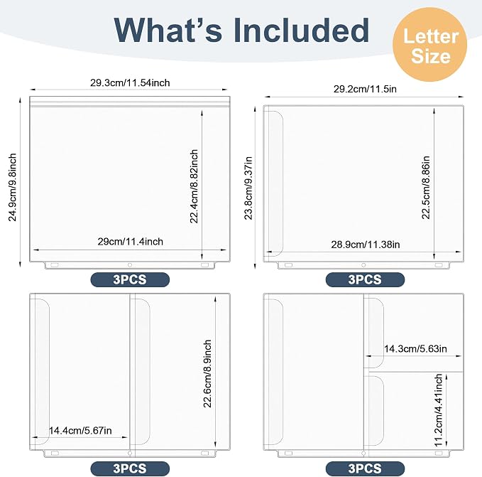 12PCS Letter Size Binder Pockets, 3-Hole Loose Leaf Insert Bag | - Image 2