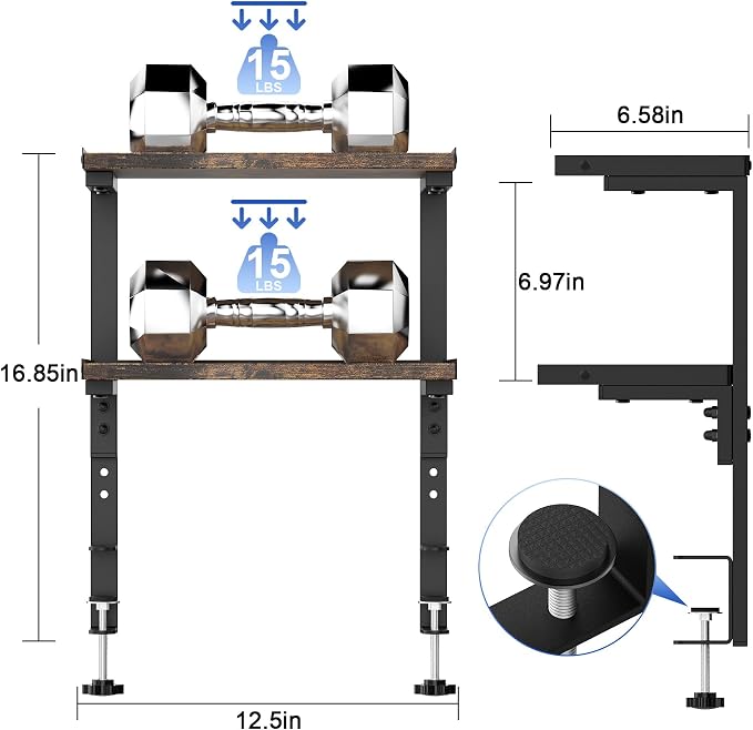 2-Tier Desk Shelf Desk Organization, Wood | Expandable Under Desk Storage Clamp - Image 2