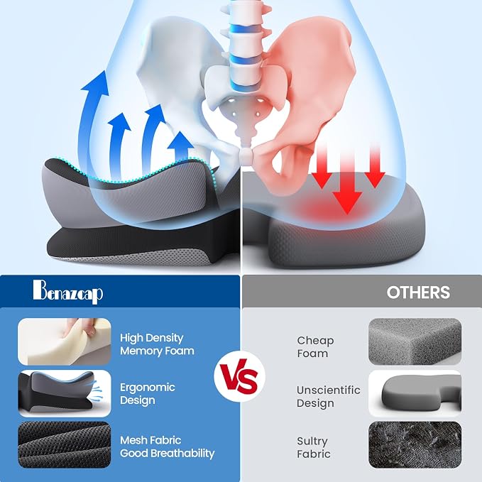 Benazcap Large Seat Cushion for Office Chair Memory Foam Coccyx Pain Relief - Image 4