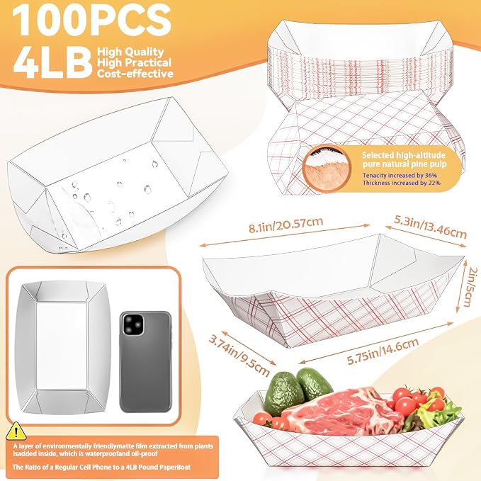 100 Pack Extra Large 4Lb Paper Food Boats Trays Disposable Paper Boat Containers - Image 2