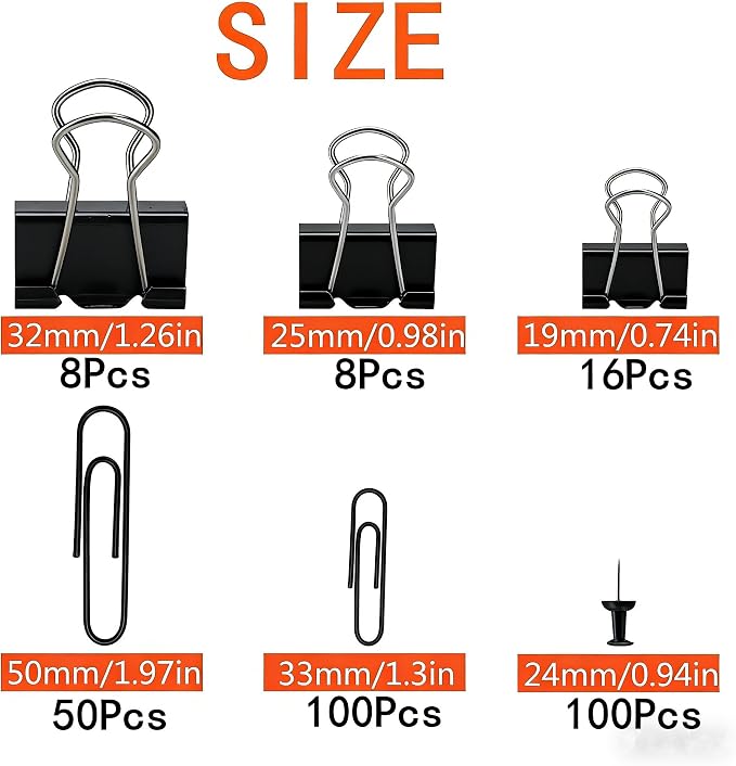 282 Pcs Black Office Clips Set Binder Clips and Paper Clips Push Pin Colored - Image 2