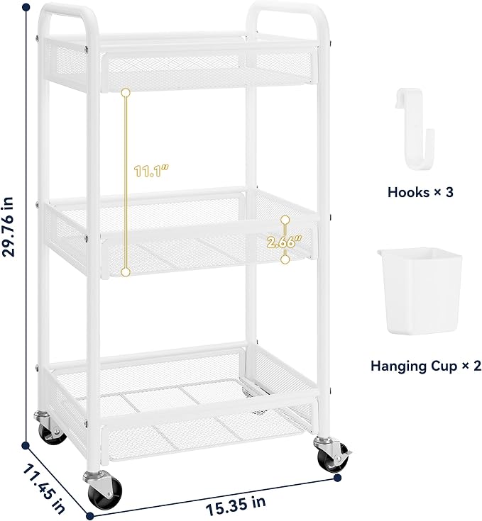 YASONIC 3 Tier Rolling Cart – Metal Utility Storage Carts - Image 6