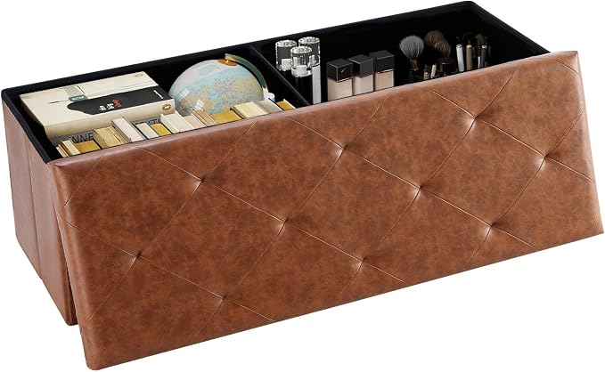 DUMOS Foldable Storage Ottoman Bench 43in, Foot Rest Stool, Synthetic Leather by DumosLifestyle