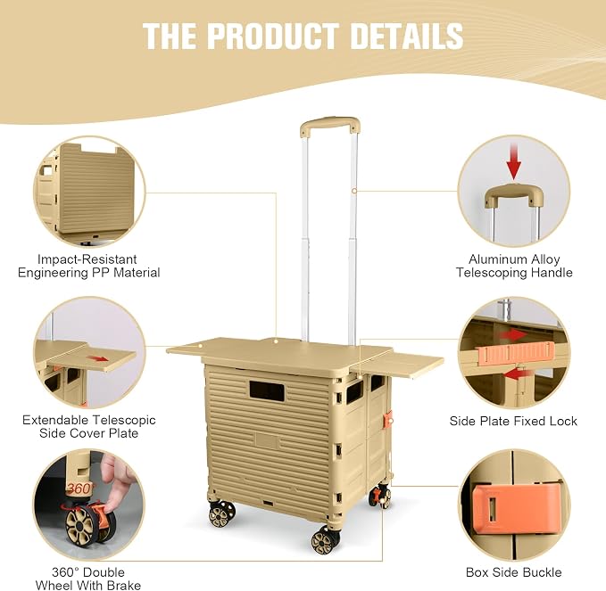 FELICON SELORSS Folding Utility Cart Portable Rolling Crate Handcart-Khaki | - Image 3