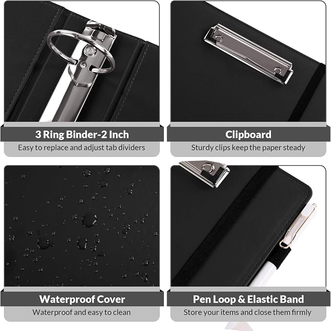SKYDUE 3 Ring Binder with Clipboard, 2 Inch PU Heavy Duty Binder with Notepad & - Image 5