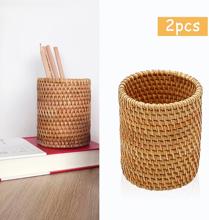2 Pack Rattan Pencil Holder for Desk Handmade Pen Organizer Bucket Boho Desk - Image 6