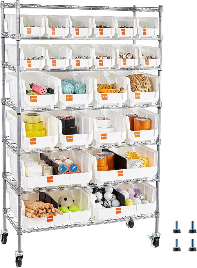 VEVOR 7-Tier Rolling Bin Storage Rack, 24 Organizer Bins, Bin Rack Storage by VEVOR