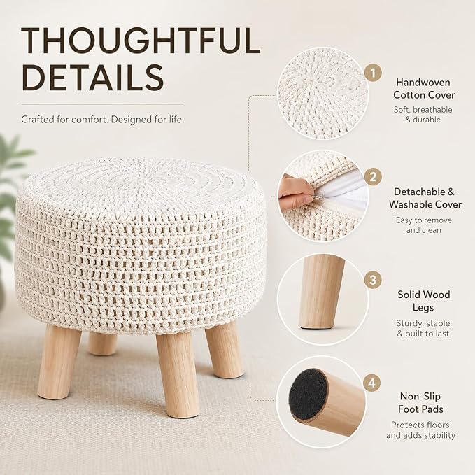 Wimarsbon Pouf Ottoman, 100% Cotton Knitted Boho Footstool, Round Footrest - Image 6