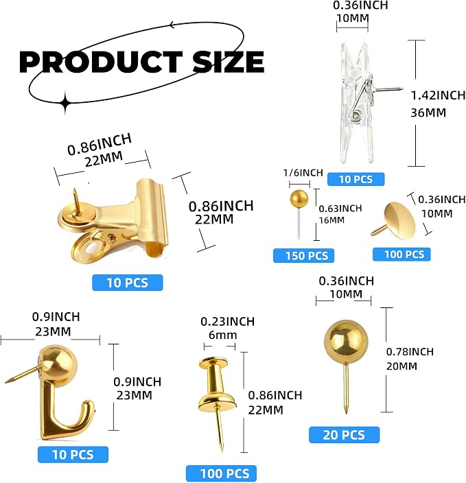 400 Pcs Gold Push Pins Set, 7 Styles Push pins, Pin Tacks, Decorative Thumb - Image 2