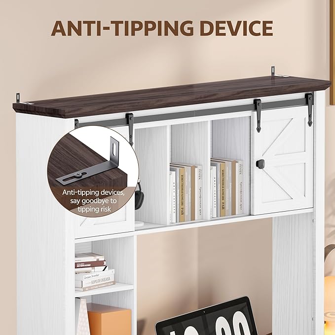 Large Desktop Bookshelf with Sliding Barn Door, 47.2''W Desk Shelf Display Rack - Image 6