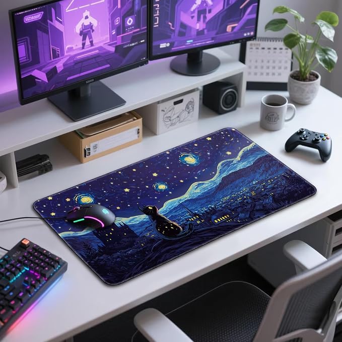 Starry Night Cat Large Mouse Pad, 31.5"x15.7" Desk Mat, Anti-Slip Rubber Base - Image 7
