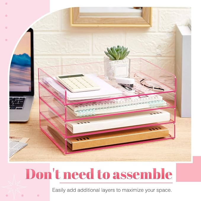 Harloon 4 Tier Clear Hot Pink Acrylic Paper Organizer Letter Tray, Aesthetic - Image 3