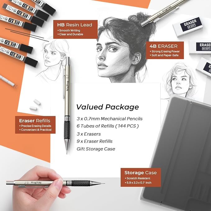 Nicpro 0.7 mm Art Mechanical Pencil Set in Storage Case, 3 Erasers - Image 4