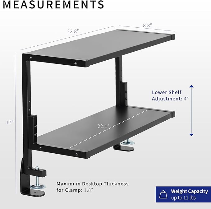 VIVO Black Clamp-on 24 inch 2-Tier Desk Shelf, STAND-SHELF24C | Above or Below - Image 3
