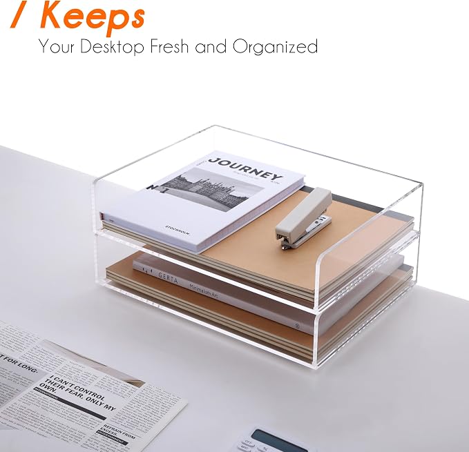HeZone Paper Organizer, 2 Tier Stackable A4 Size Acrylic Letter Tray, - Image 4