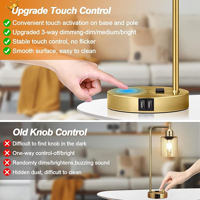 Nintiue Industrial Touch Table Lamps Set of 2-2 USB Ports & AC Outlet - Image 3