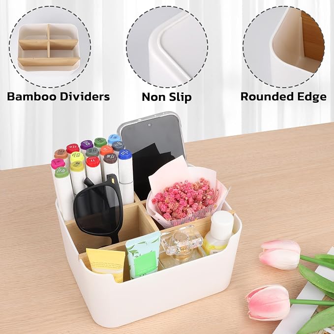 Segarty Desk Storage Box, Divided Bamboo Desktop Organizer, Pencil Holder - Image 4