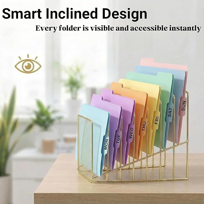 Gold Desk Organizer 7 Slot Inclined Vertical File Folder Holder Sorter - Image 3