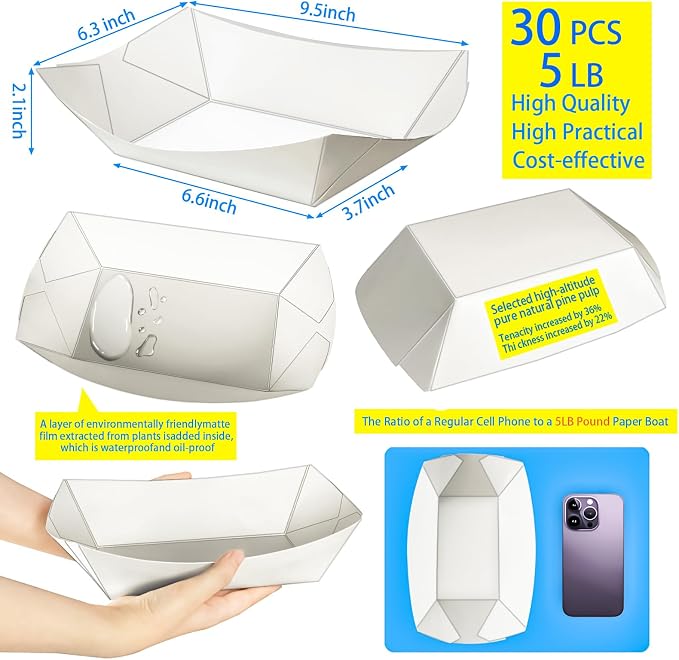 30 Pack Extra Large 5LB Paper Food Boats Trays Disposable Paper Boat, Heavy - Image 2