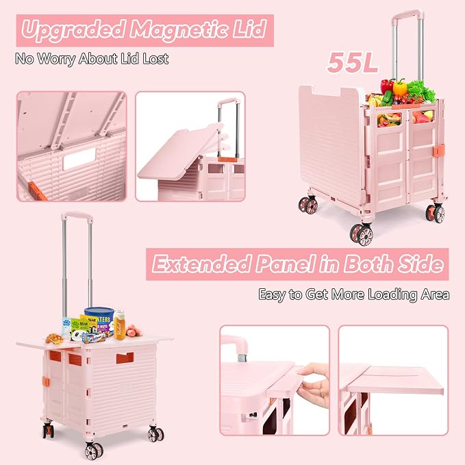 FELICON SELORSS Folding Utility Cart Portable Rolling Crate Handcart-Pink | - Image 3