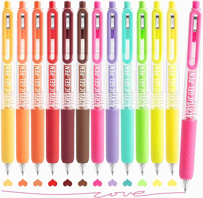 Acrylic Gel Pens For Coloring, 12 Colors Retractable Colored Pens for Black by Joyask