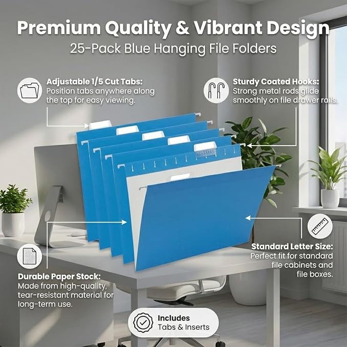VZCPYTPM 25 Pack Hanging File Folders Letter Size, Reinforced Rods - Image 2