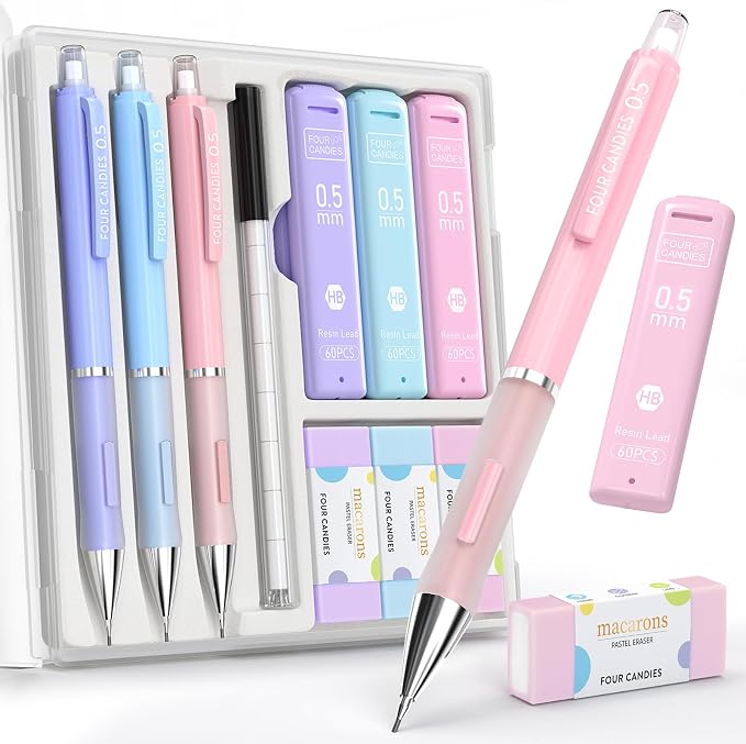 Four Candies Cute Pastel Mechanical Pencil Set, 3 Pack | 360 Lead Refills by FourCandies